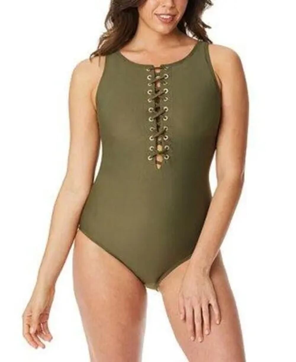 Beyond Control Solid Citizen Lace Up High Neck One Piece Swimsuit Size 10 Green